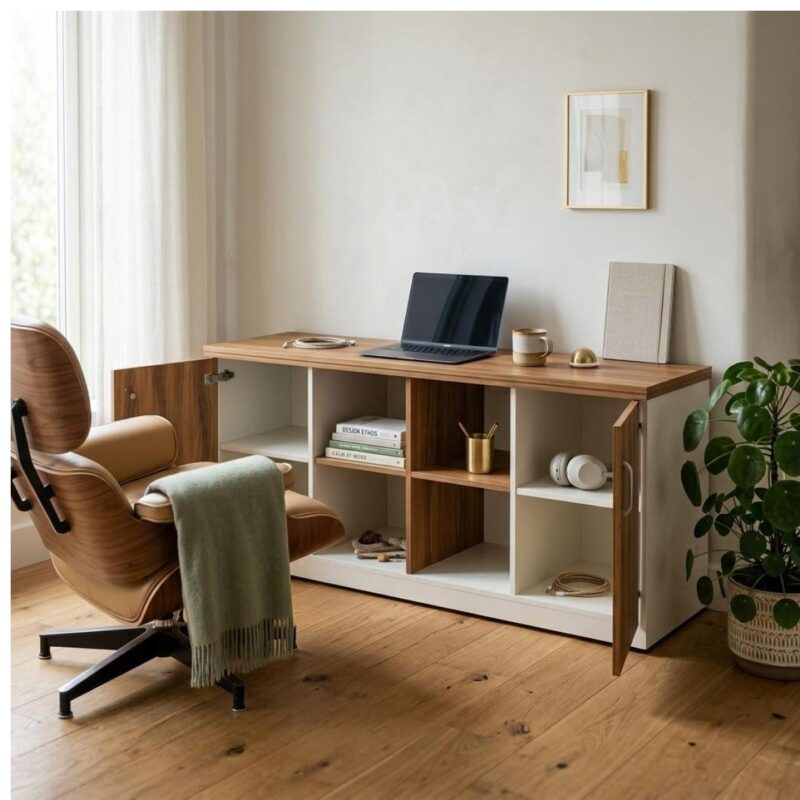 Armário credenza com portas abertas em home office com notebook sobre o tampo, poltrona marrom e plantas.