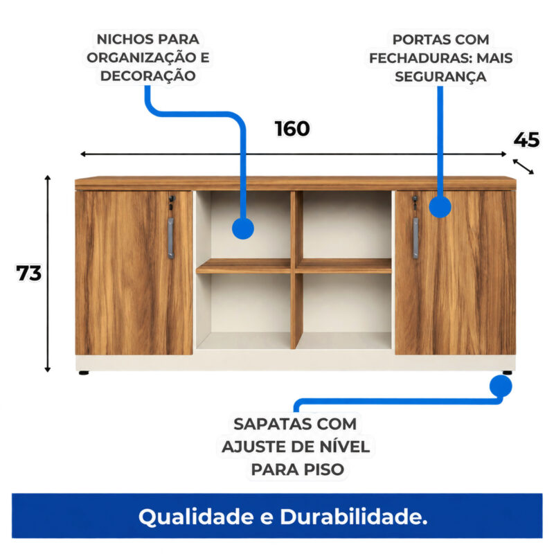 Diagrama do armário credenza com largura de 160 cm, altura de 73 cm, profundidade de 45 cm e quatro nichos.