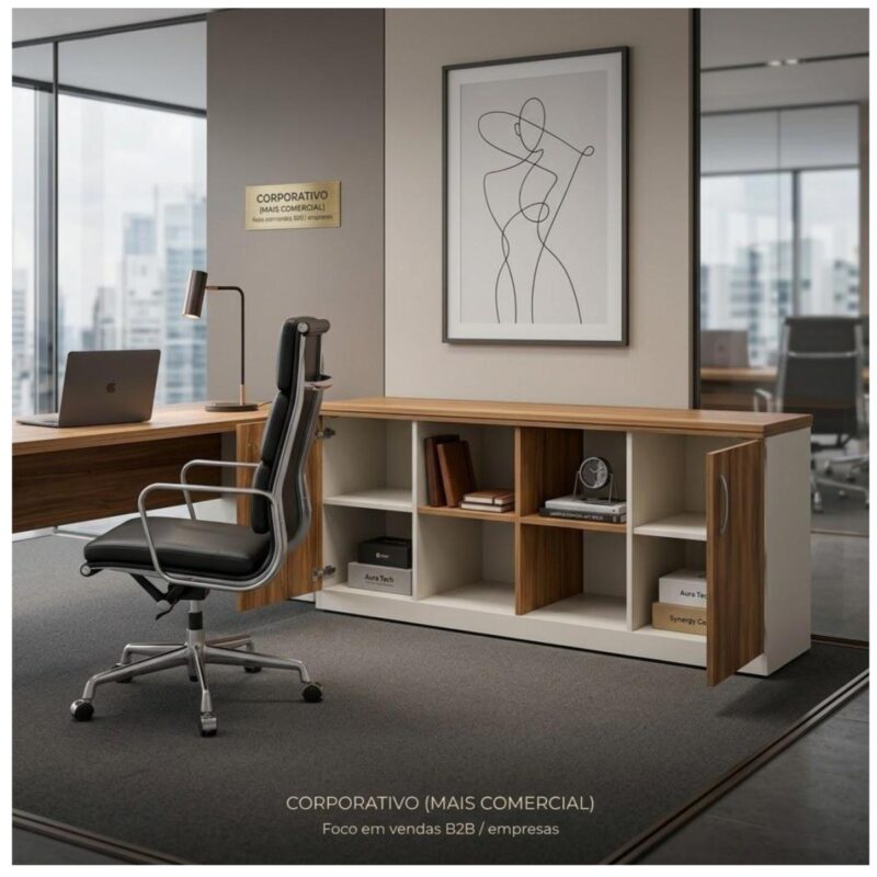 Armário credenza com portas abertas e objetos nos nichos em escritório com cadeira preta e divisórias de vidro.