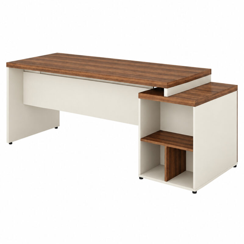 Vista traseira da mesa pedestal Sevilha e Champanhe com painel claro e nichos abertos no módulo lateral.