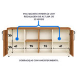 Diagrama do armário aberto com medidas internas, prateleiras laterais reguláveis e quatro nichos centrais.
