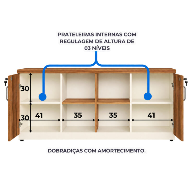 Diagrama do armário aberto com medidas internas, prateleiras laterais reguláveis e quatro nichos centrais.