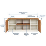 Arte técnica do armário credenza aberto com cotas e indicações de dobradiças, prateleiras e pés niveladores.