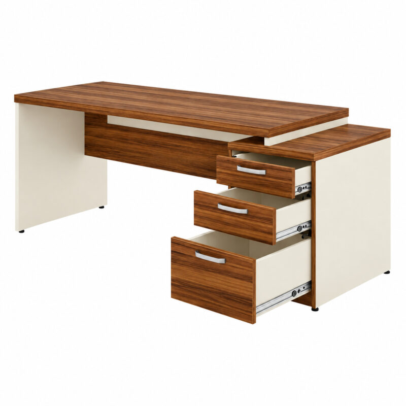 Mesa pedestal amadeirada com três gavetas abertas à direita, interior claro e corrediças metálicas aparentes.