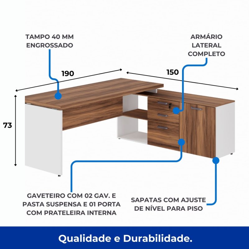 Móveis para Escritório Mesa Diretorzinha c/ Aparador - Pé de MADEIRA - 1,90x1,50m - WORKSTART - NOGAL SEVILHA / BRANCO - 34426