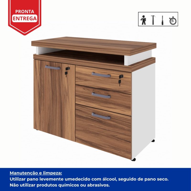 Móveis para Escritório Armário Baixo 03 Gavetas e Porta (MISTO) - NOGAL SEVILHA/BRANCO - 34422