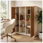 Armário alto com portas abertas, livros e plantas nas prateleiras, em home office com cadeira clara e janela.