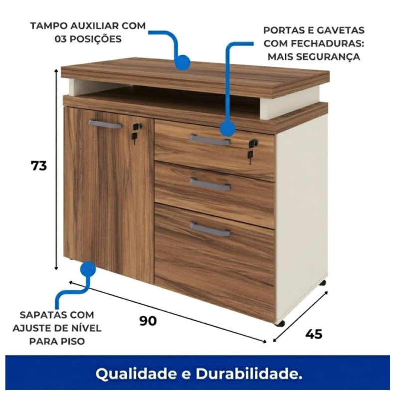 Ilustração do armário misto com 90 cm de largura, 45 cm de profundidade e 73 cm de altura, indicando fechaduras e tampo auxiliar.