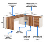 Medidas da mesa em L 182 × 180 cm com armário pedestal Diagrama da mesa em L com medidas de 182 por 180 cm, altura de 74 cm e indicações do armário, nichos e gaveteiro.