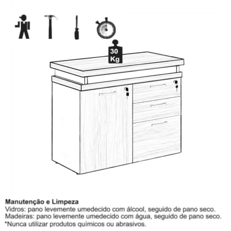Móveis para Escritório Armário Baixo 03 Gavetas e Porta (MISTO) - NOGAL SEVILHA/BRANCO - 34422
