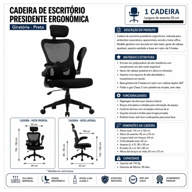 Cadeira de Escritório Cadeira para Home Office Ergonômica Tela Mesh Presidente