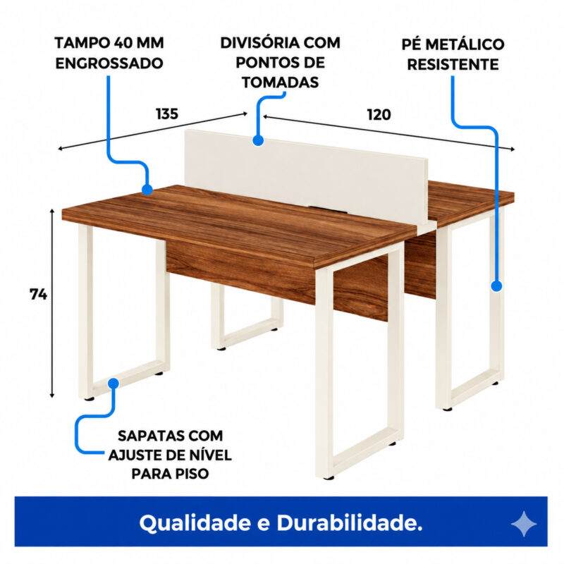 Estação dupla com cotas e indicações de tampo de 40 mm, pontos para tomadas, pés metálicos e sapatas niveladoras.