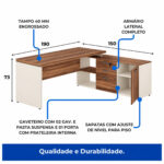 Medidas da mesa em L com vidro de 190 × 150 cm Ilustração da mesa em L com medidas de 190 por 150 cm e altura de 74 cm, indicando tampo com vidro e armário lateral.