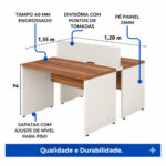 Estação dupla com cotas e indicações de tampo de 40 mm, pés em painel de 25 mm, tomadas e sapatas niveladoras.