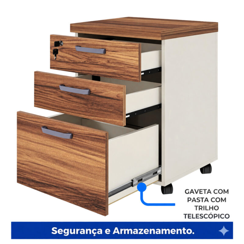 Gaveteiro volante com três gavetas abertas e indicação do trilho telescópico na gaveta inferior para pastas.
