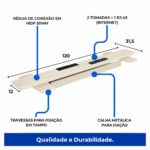Estação dupla — régua de conexão com tomadas e RJ45 Régua de conexão com indicação de duas tomadas, porta RJ45, travessas de fixação e calha metálica para fiação.