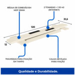 Régua de conexão da estação dupla com indicação de duas tomadas, porta RJ45, travessas e calha metálica.