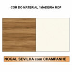 Amostras de acabamento da estação dupla, com padrão amadeirado Nogal Sevilha e tonalidade clara Champanhe.