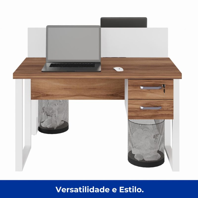Móveis para Escritório Estação de Trabalho Dupla 1,20×1,35m c/ 02 Gavetas c/ ponto de tomada PÉ QUADRO – Cor Nogal Sevilha/Branco - 34423