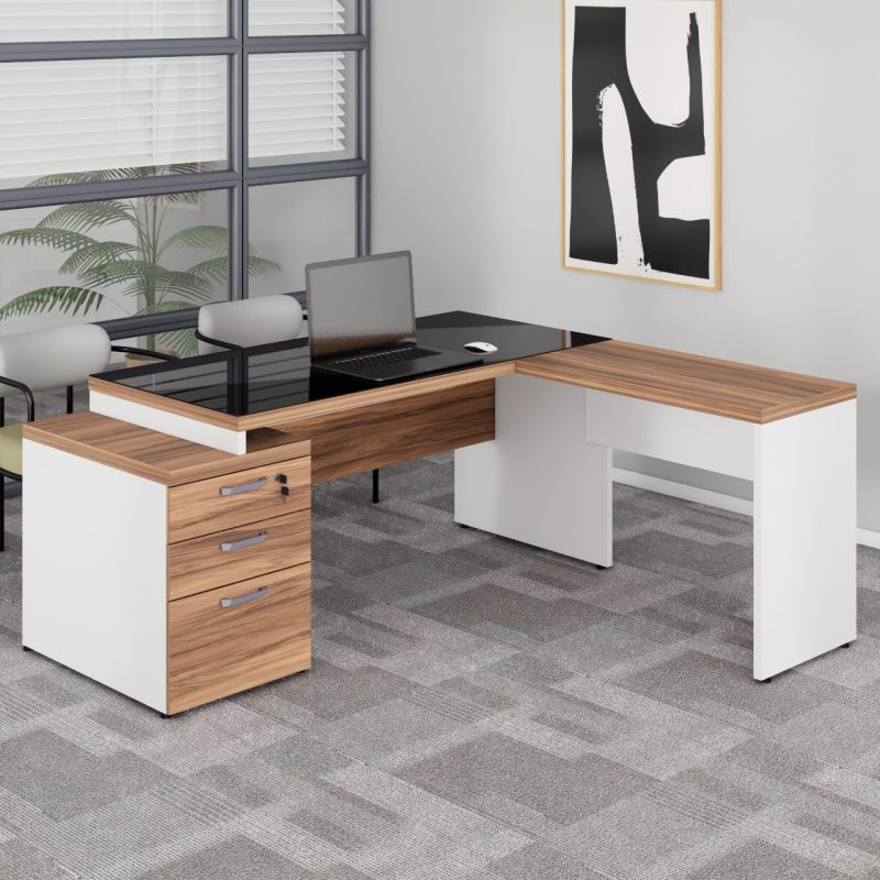 Móveis para Escritório Mesa para Escritório em “L” com VIDRO FUMÊ – 1,92X1,60M NOGAL SEVILHA/BRANCO – 34432