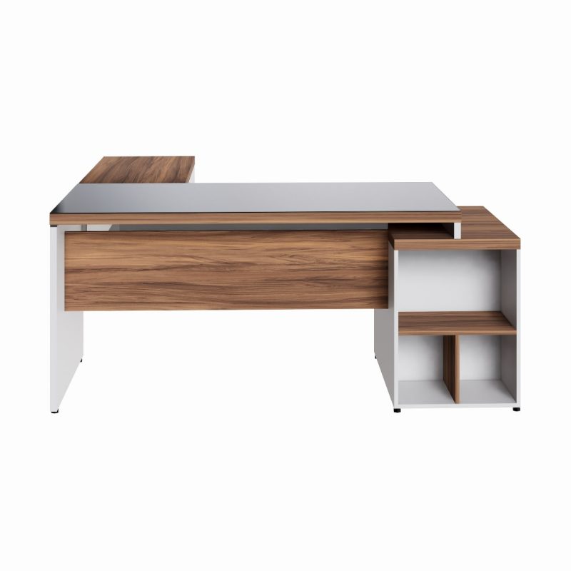 Móveis para Escritório Mesa para Escritório em “L” com VIDRO FUMÊ – 1,92X1,60M NOGAL SEVILHA/BRANCO – 34432