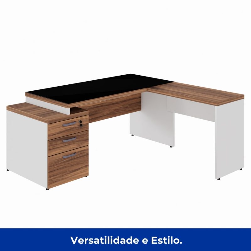Móveis para Escritório Mesa para Escritório em “L” com VIDRO FUMÊ – 1,92X1,60M NOGAL SEVILHA/BRANCO – 34432
