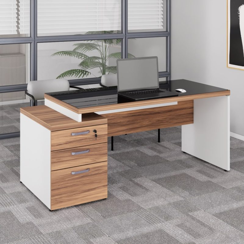 Móveis para Escritório Mesa para Escritório com VIDRO FUMÊ – 1,92x0,70m - NOGAL SEVILHA/BRANCO – 34430
