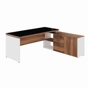 Mesa Diretorzinha c/ Aparador e Vidro Fumê - Pé de MADEIRA - 1,90x1,50m - NOGAL SEVILHA / BRANCO - 34429