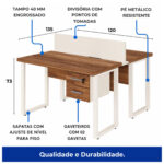 Ilustração da estação dupla com medidas de 135 por 120 cm e altura de 73 cm, indicando tampo de 40 mm, gaveteiros e pés metálicos.
