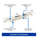 Ilustração da régua de conexão em MDP de 30 mm, com módulos de tomadas e RJ-45, travessas de fixação e calha metálica.