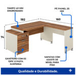 Medidas da mesa em L 192 × 160 cm com gavetão Diagrama da mesa em L com medidas de 192 por 160 cm, altura de 74 cm, tampo de 40 mm e pés painel de 25 mm.