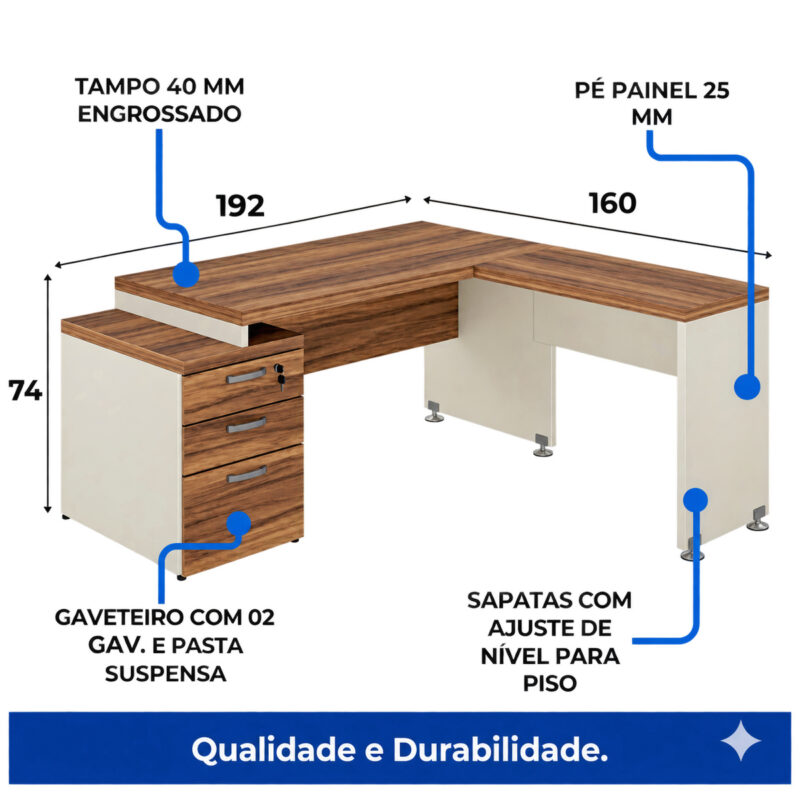 Diagrama da mesa em L com medidas de 192 por 160 cm, altura de 74 cm, tampo de 40 mm e pés painel de 25 mm.
