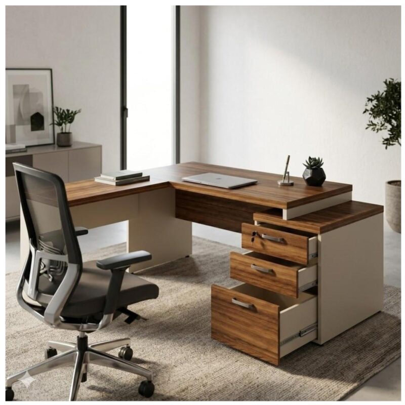 Mesa em L com gavetas abertas à direita, notebook fechado e planta em escritório com cadeira de tela e tapete claro.