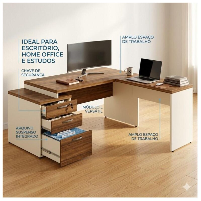 Mesa em L com monitor, notebook e gavetas abertas, mostrando pastas suspensas no gavetão e indicações de uso.