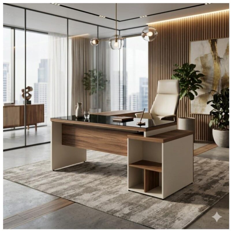 Mesa em L com vidro fumê e nichos em sala com cadeira clara, tapete, plantas, janelas amplas e luminárias pendentes.