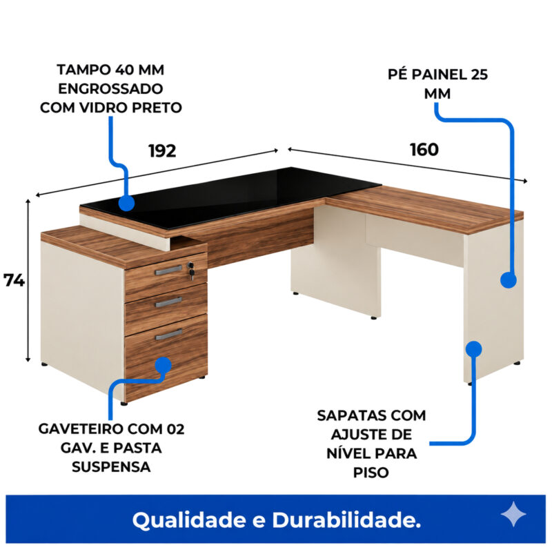 Diagrama da mesa em L com medidas de 192 por 160 cm, altura de 74 cm e indicações de tampo, gaveteiro e pés painel.