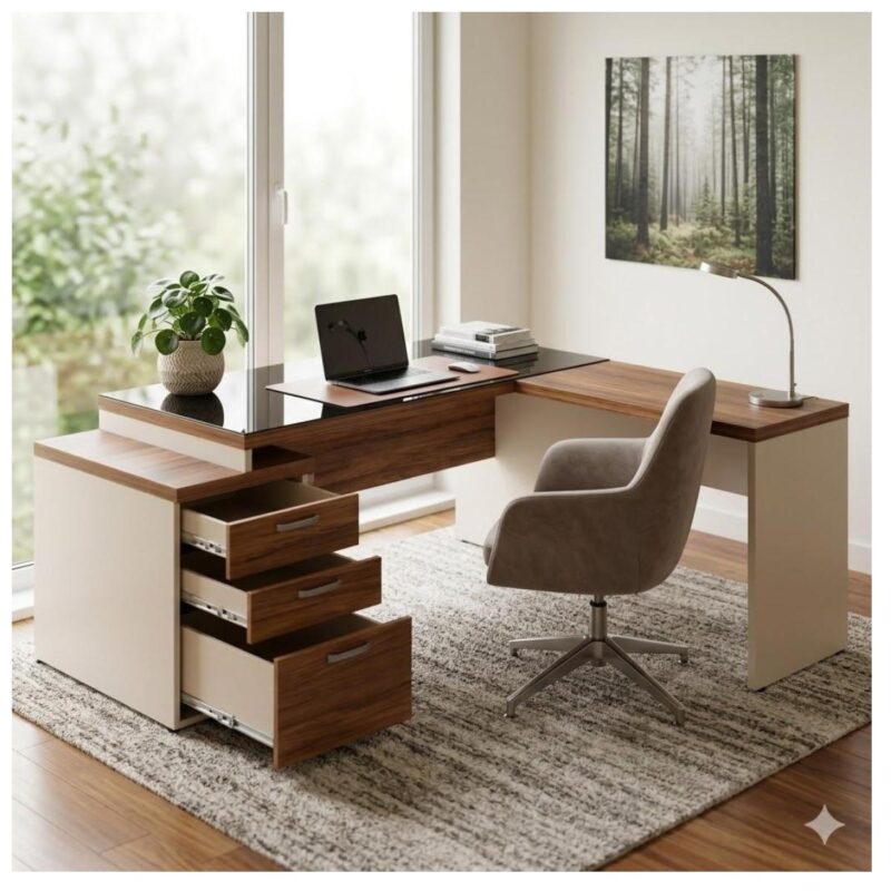 Mesa em L com vidro fumê, notebook e gavetas abertas em home office com cadeira cinza, planta, janela e tapete.