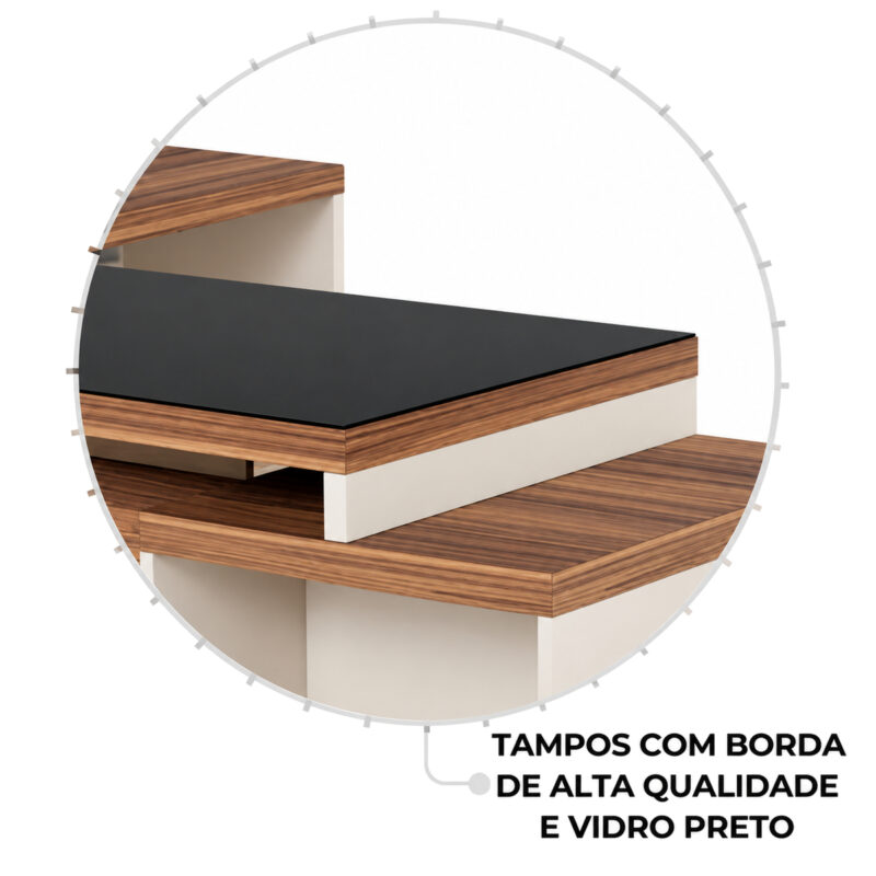 Recorte circular do vidro escuro sobre o tampo amadeirado, com bordas visíveis e apoio lateral em nível inferior.