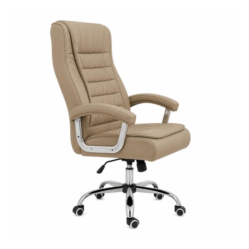 Vista lateral da Cadeira Presidente Luxo fendi com encosto de 73 cm, assento Pillow Top e braços cromados acolchoados.