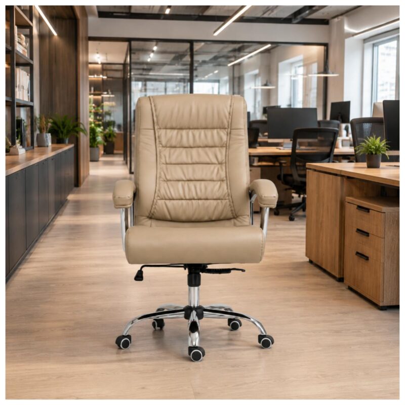 Cadeira Presidente Luxo fendi em coworking moderno com mesas compartilhadas e decoração profissional.