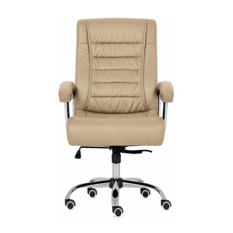 Vista frontal da Cadeira Presidente Luxo fendi com encosto alto, braços cromados e base com rodízios duplos.