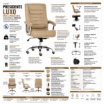Ficha técnica da Cadeira Presidente Luxo fendi com 42 molas ensacadas, mecanismo relax e capacidade para 120 kg.