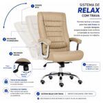 Mecanismo da Cadeira Presidente Luxo com ajuste de altura, pressão e sistema relax de até 120 graus.