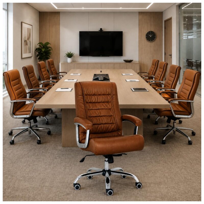 Cadeiras Presidente Luxo caramelo ao redor de uma mesa em sala de reunião corporativa.
