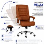 Mecanismo da Cadeira Presidente Luxo com ajuste de altura, pressão e sistema relax de até 120 graus.