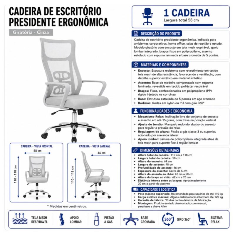 Cadeira de Escritório Cadeira de Escritório Giratória Presidente Ergonômica com Tela Mesh — Cinza