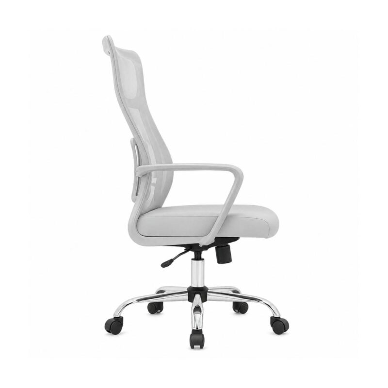 Close traseiro da Cadeira Presidente Ergonômica cinza mostrando tela mesh e estrutura do apoio lombar integrado.