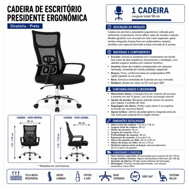 Cadeira de Escritório Cadeira Presidente em Tela Mesh com Sistema Ergonômico Avançado