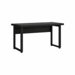 Mesa de escritório preta sem gavetas com pé quadro Mesa de escritório preta sem gavetas, com tampo retangular, pés em formato de quadro e painel sob a superfície.