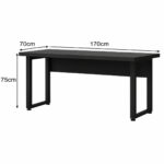 Medidas da mesa preta com pé quadro de 170 por 70 cm Diagrama da mesa preta com pé quadro indicando largura de 170 cm, profundidade de 70 cm e altura de 75 cm.